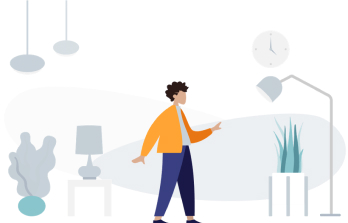 Jovem mulher de camisa amarela em uma sala com móveis