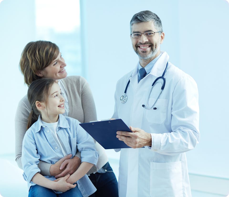Happy doctor holdind a clipboard with patientes